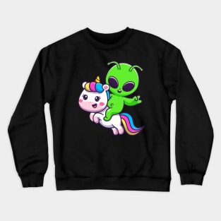 Cute Alien Riding Unicorn Cartoon Crewneck Sweatshirt